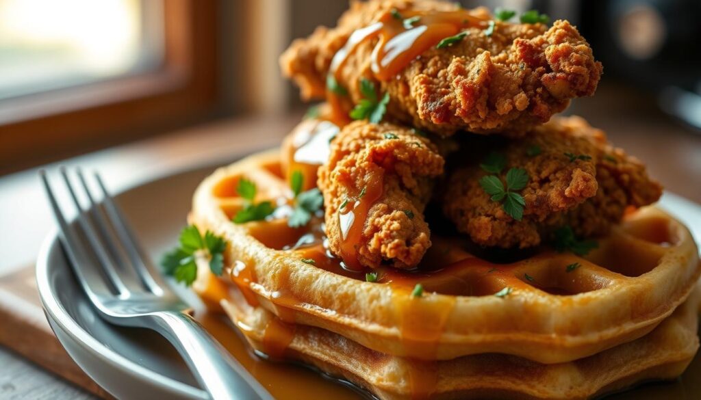 Belgian waffles with fried chicken