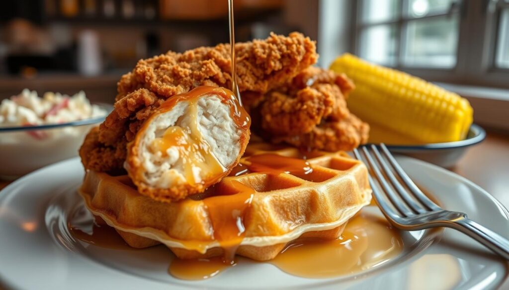 Fried chicken and waffles with side dishes